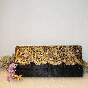 Black Satin Fabric Clutch Evening Bag w/Gold Lace Overlay NWOT